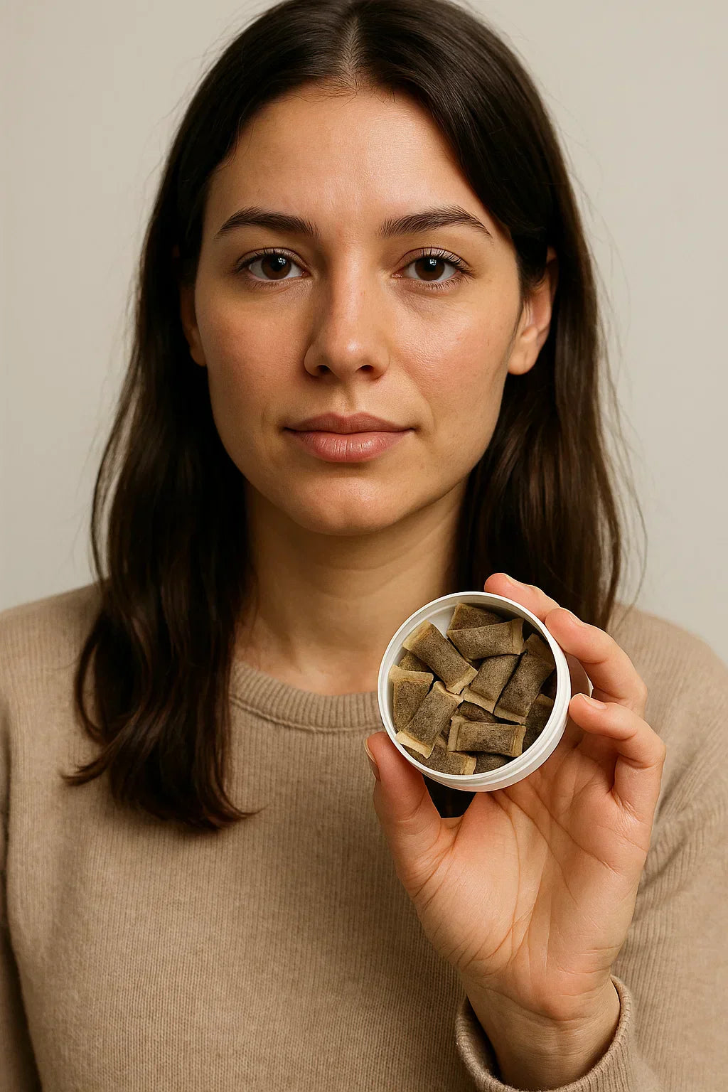 Frau hält Snus Dose