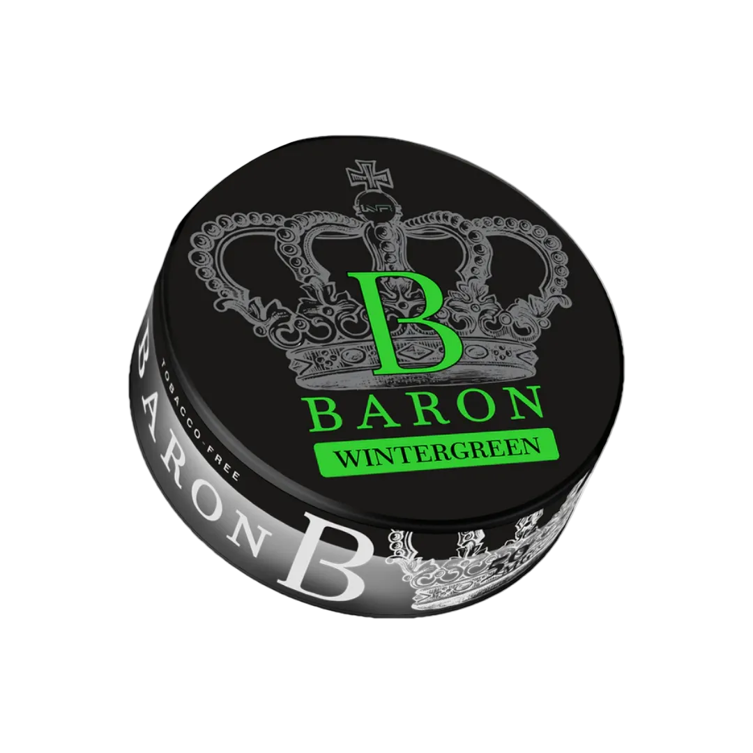 Alt-Text: Baron Wintergreen Snus Dose – herber Minze Geschmack 70mg Slim Format Nicotine Pouches